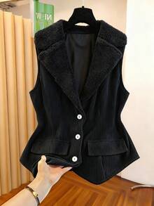 Franclia Áo vest không tay bằng vải nhung kẻ sọc màu đen cao cấp thời trang thu đông mới cho nữ, thiết kế nút, phong cách tối giản cổ điển, phù hợp đi làm, ve áo mỏng đa năng - màu đen - Xem 3