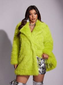 Allurite Áo khoác lông nhân tạo dài tay màu xanh huỳnh quang cỡ lớn thời trang dáng rộng, dài vừa phải, mùa đông - màu xanh lá - Xem 5