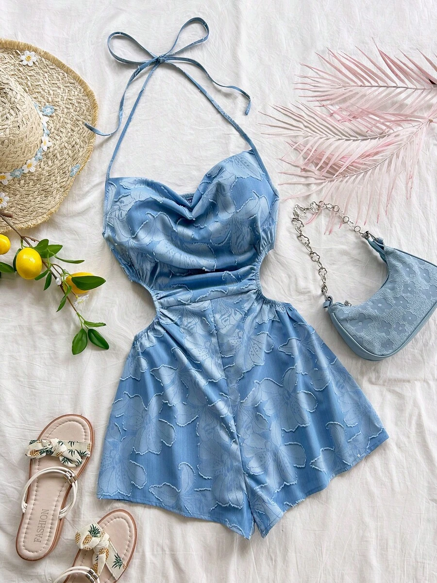 Soleia 女士度假风露背系带深V领镂空腰部宽松下摆连体裤，波西米亚风，浪漫花卉图案 - 藍色 - 查看 1