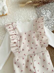 SHEIN Baby Girl 2pcs/Set Fall Outfits For Girl Casual Daily Style Loose Suit, Long Sleeves Basic Top&Heart-Printing Bodysuits - Apricot - View 3