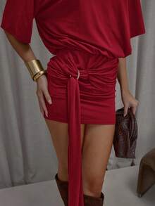 MUSERA Váy dáng suông, vai vuông, ôm sát, chi tiết xếp ly, kiểu áo thun, phong cách đường phố, dễ thương, thanh lịch, thường ngày, gợi cảm, màu kẹo bơ cứng, sang trọng, thích hợp cho ngày lễ tình nhân, mùa hè. - Đỏ - Xem 6