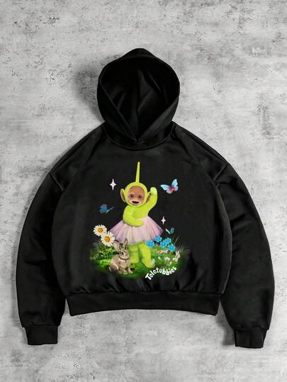Teletubbies X ROMWE Sudadera con capucha negra casual con gráfico de dibujos animados para hombres, para primavera y otoño