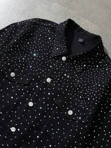 ROMWE MEN Street Life Hip Hop Style Men's Gradient Rhinestone Denim Long Sleeve Jacket - Black - View 1