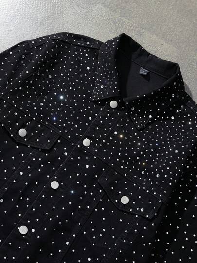 Street Life Giacca di jeans da uomo con strass sfumati in stile hip hop