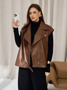 Auralis Plus Size Women's Autumn And Winter Fashion Casual Loose Comfortable Daily Basic Versatile Brown PU Leather Vest Jacket,Fall Coats,Casual Women Outfits,Fall Outfits Women,Western Wear Women,Back To School,Y2k Clothes,Street Wear,Winter Jacket For Women