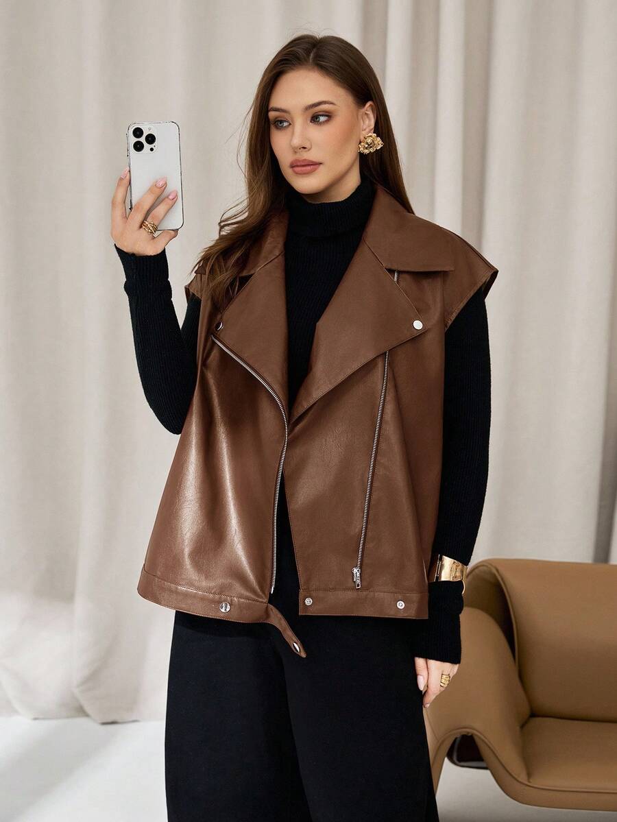 Auralis Plus Size Women's Autumn And Winter Fashion Casual Loose Comfortable Daily Basic Versatile Brown PU Leather Vest Jacket,Fall Coats,Casual Women Outfits,Fall Outfits Women,Western Wear Women,Back To School,Y2k Clothes,Street Wear,Winter Jacket For Women