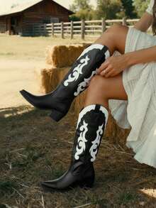 Styleloop Giày bốt đế gỗ ấm áp thoải mái, tối giản dành cho nữ, thích hợp cho mùa đông - Đen và trắng - Xem 1