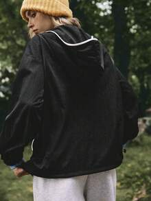 Medorelle Boho Winter  Christmas  New Year  Party   Black & White Color Block Metal Zipper Pullover Sports Jacket For Women Casual Athleisure Sport Activewear Summer - Black - View 2