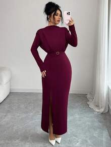 Elenzga Women's Elegant Burgundy Long Sleeve Dress,Autumn Ruffle Shoulder Solid Color With Metal Buckle Belt,For Casual,Commute,Vacation,Dining,Formal Parties - Maroon - View 8