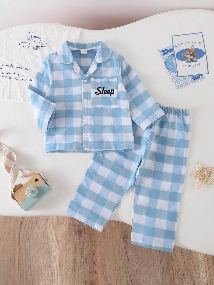 Baby Boys Pajamas-2 Piece Pajama Set Gingham Check Pajama Set Blue White Long Sleeve Collared Button Down Top Elastic Waist Long Pants Pocket Sleep Embroidery Lightweight Breathable Year Round Four Season Sleepwear Loungewear New Year 2026 Holiday Essential - Blue - View 1