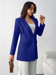 EURMUSE LAPEL COLLAR BODY POCKET FABRIC BUTTON BLAZER - Royal Blue - View 3