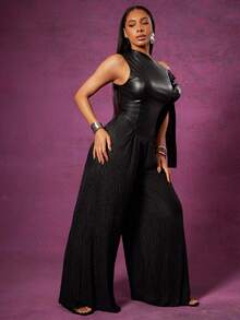 Vixey Kunstleder Stretch PU asymmetrischer Ausschnitt mit Selbstbindegürtel, Crinkle Satin Jumpsuit mit weitem Bein - Schwarz - Übersicht 3