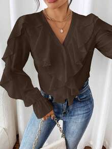SHEIN Clasi Elegant Commuter Solid Color Ruffle Trim Long Sleeve Blouse - Brown - View 3