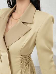 Modelyn Women's Elegant Commuter Lapel Neck Double-Breasted Side Tie Jacket, Autumn - Khaki - View 2