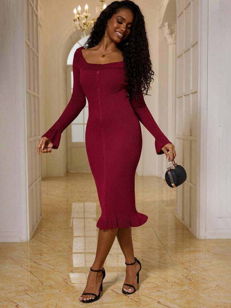 Women's Ruffle Hem Long Sleeve Bodycon Sweater Dress Christmas