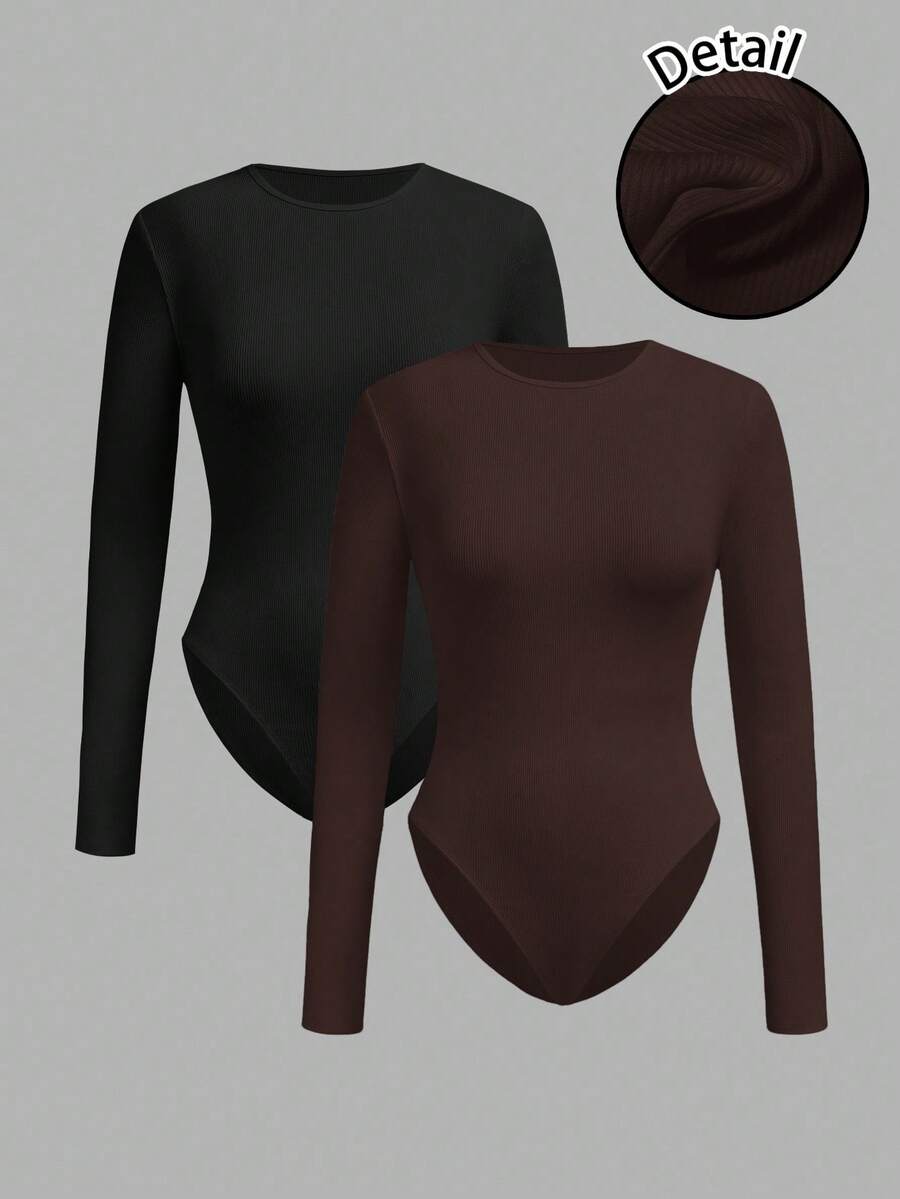 SHEIN BASICS 2件装女士纯色圆领长袖休闲T恤连体衣 - 彩色 - 查看 1