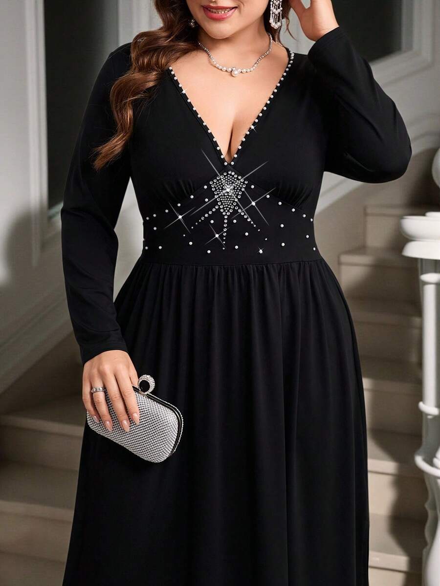 Gownix 秋季大码优雅水钻装饰深V领束腰连衣裙 - 黑色 - 查看 1