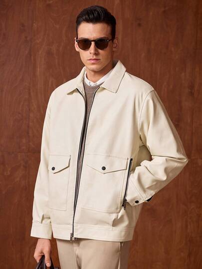 Officeau 男士摩托车夹克/男士夹克/男士外套/夹克/男士冬季服装 这款米色仿皮夹克采用翻领设计，配有大口袋和顺滑拉链，可轻松驾驭商务和休闲场合。