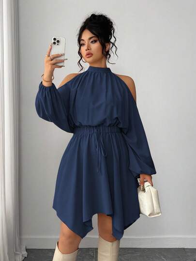 Elenzga 大码女装纯色新款褶皱吊带长袖圆领弹力腰不规则下摆灯笼袖蝴蝶结约会之夜优雅精致休闲宽松吊带简约时尚街头风浪漫优雅秋季连衣裙