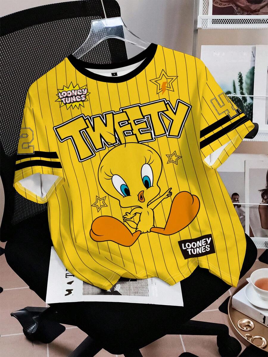 LOONEY TUNES X SHEIN Áo thun tay ngắn họa tiết sọc họa tiết hoạt hình đường phố thời trang thường ngày dành cho nữ, mùa hè - trắng - Xem 1