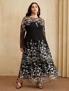 Anewsta Váy lưới thêu hoa tay dài cổ tròn eo cỡ lớn dành cho nữ, mùa xuân/thu - Nhiều màu - Xem 3