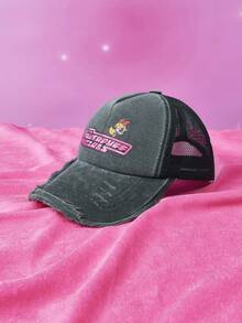 THE POWERPUFF GIRLS X SHEIN 1pc Cartoon Blossom Pattern Distressed Vintage Baseball Cap, Patchwork Warm Foam Hat, Streetwear Hip Hop Style Cap, Suitable For Daily Commute And Street Wear For Men And Women - Black - View 3