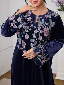 Al Najma Velvet Patchwork Mesh Embroidered Blue Elegant Dress - Multicolor - View 7