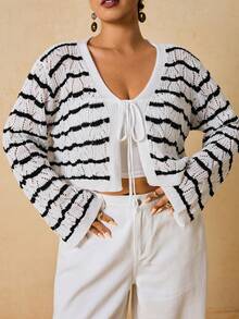 SHEIN VCAY Plus Size Fashionable Contrast Striped Tie-Front Cropped Cardigan/Winter - Black and White - View 5