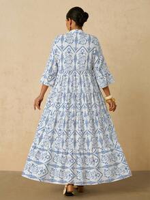 Travachic 大码女式蓝白圆点印花连衣裙，V领七分袖宽松长裙，适合希腊海边度假和秋季穿着 - 藍白色 - 查看 3