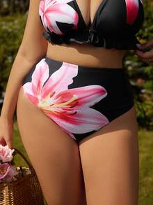 Swim Vcay Plus Size Floral Print Black Bikini Bottom - Multicolor - View 1