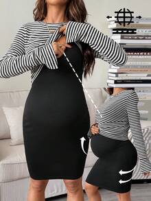 SHEIN 2pcs Maternity Casual Striped Sleeveless Top And Nursing Dress Set, Autumn