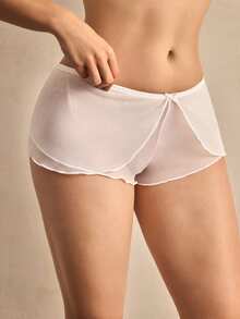 SHEIN Quần lót nữ kiểu Pháp họa tiết hoa xếp nếp lưới trắng thanh lịch lãng mạn, kỳ nghỉ - trắng - Xem 3