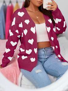 EURMUSE Plus Size Casual Heart Pattern Button-Up Cardigan, Autumn/Winter - Burgundy - View 5