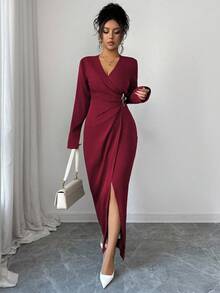 Elenzga Đầm Maxi Thanh Lịch Cổ Chữ V Tay Dài Xếp Ly Thiết Kế Kim Loại Trang Trí Đơn Sắc Cho Nữ - Màu Đỏ Sâu - Xem 3