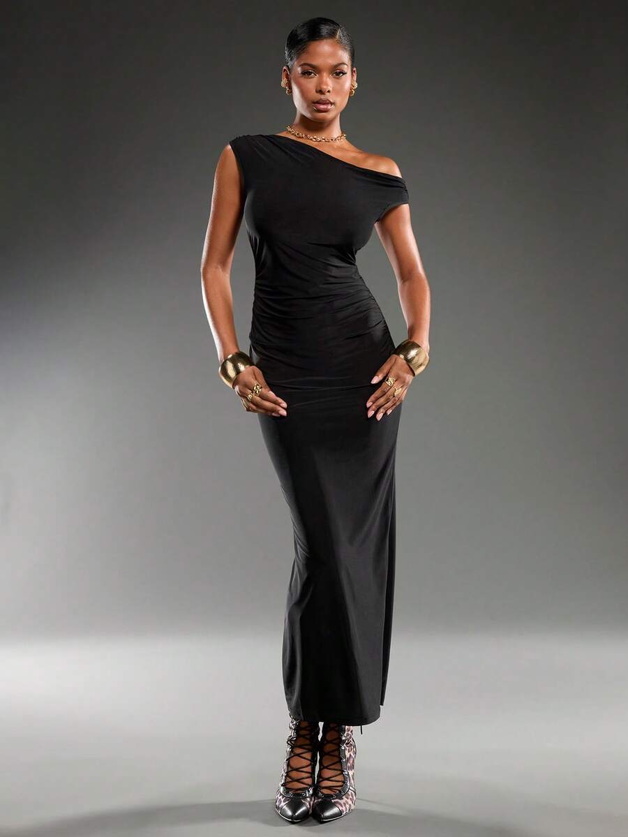Normani Váy ôm sát vai lệch vai màu đen trơn dành cho nữ, mùa hè - màu đen - Xem 1