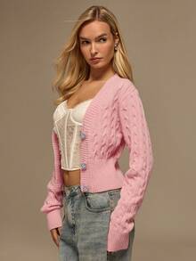 Glamine Áo khoác cardigan dệt kim xoắn tay dài cài một hàng khuy đơn giản dành cho nữ, Thu/Đông - Hồng - Xem 4
