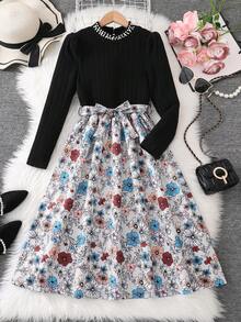 Sparklyn Tween-Mädchen Lässiges Kleid mit floralem Patchwork-Muster und Kunstperlenverzierung, Herbst - Verschiedenfarbig - Übersicht 4
