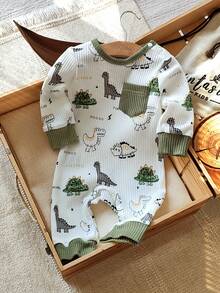 Vintaside Kids 男女通用婴幼儿0-3岁春秋季白色底恐龙印花针织长袖连体衣，可爱休闲风格，适合外出、居家和日常活动 - 彩色 - 查看 5