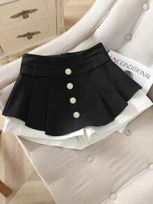 Chiquease 夏季新款高腰修身撞色纽扣A字短裤 - 黑與白 - 查看 1