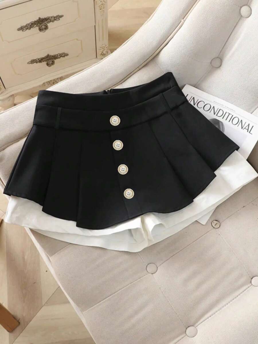 Chiquease 夏季新款高腰修身撞色纽扣A字短裤 - 黑與白 - 查看 1