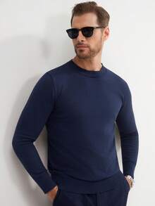 Manfinity Mode Men Solid Round Neck Jumper - Navy Blue - View 5