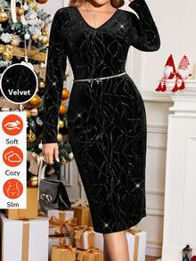 Amorya Women's Elegant Sequin Waist Cinched Long Christmas Party Dress,Black And Silver,Autumn,Holiday Dinner,Thanksgiving New Year's Eve Winter - Gold - View 3