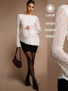MaterniChic Pregnant Women's Round Neck Flare Sleeve Lace Ruffle Hem Elegant T-Shirt White Top Chic Evening Elegant  Pregnancy Photoshoot - Apricot - View 1