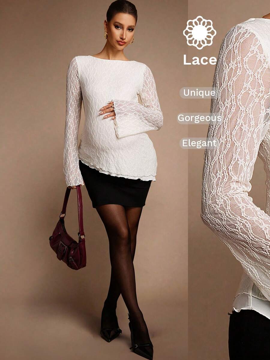 MaterniChic Pregnant Women's Round Neck Flare Sleeve Lace Ruffle Hem Elegant T-Shirt White Top Chic Evening Elegant  Pregnancy Photoshoot - Apricot - View 1
