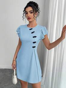 Chiquease Vintage Chinese Style Button Decor Cap Sleeve Short Dress - Baby Blue - View 3