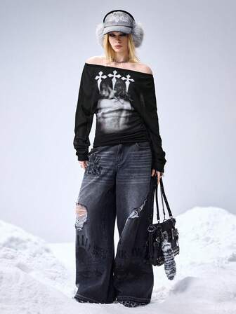 Grunge Punk Camiseta de manga larga con escote descubierto y estampado de silueta de cruz para mujeres, estilo romántico punk