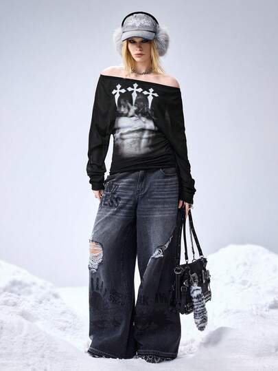 Grunge Punk تي شيرت نسائي بياقة منحرفة الكتف وطويل الأكمام مطبوع بطبعة صليب، بطراز رومانسي بانك