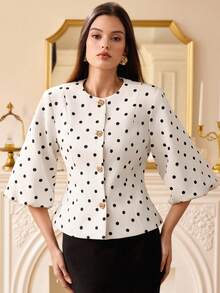Revavyn Women's Black Polka Dot Mid-Sleeve Short Metal Buckle Cuff Blazer Jacket - White - View 5