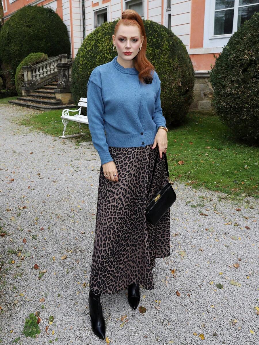 Gretanique 女士优雅豹纹高腰缎面半身裙 - 彩色 - 查看 1