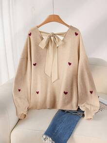 CosyJoli Áo len chui đầu hở lưng cổ chữ V họa tiết trái tim màu be cỡ lớn cho mùa thu/đông - Màu be - Xem 6